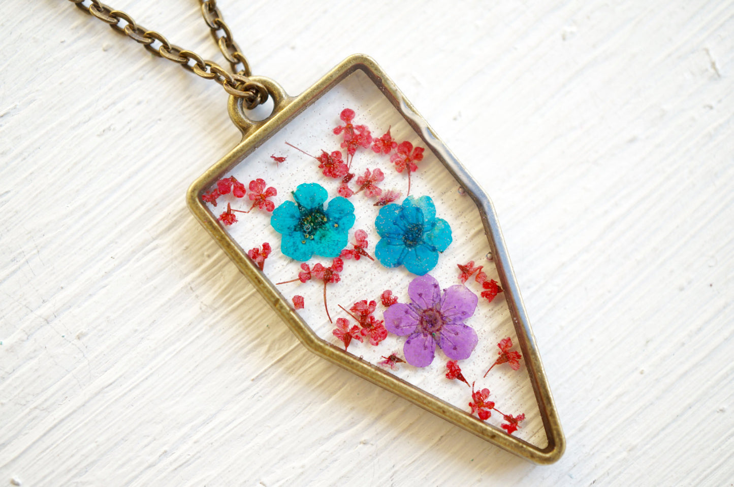 Real Pressed Flower and Resin Necklace in Red, Blues, and Purple Mix