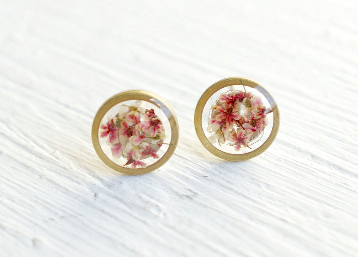 Real Pressed Flowers and Resin Stud Earrings, Brass Circles with Purpl –  ann + joy