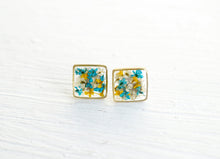 Real Pressed Flower and Resin Stud Earrings in Blues, Yellows, and White mix