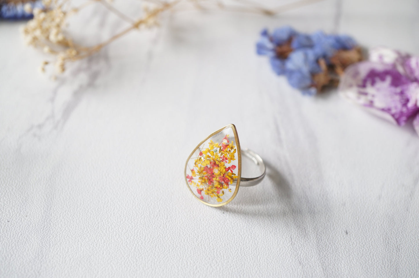 Real Pressed Flower and Resin Ring in Reds and Yellows Mix
