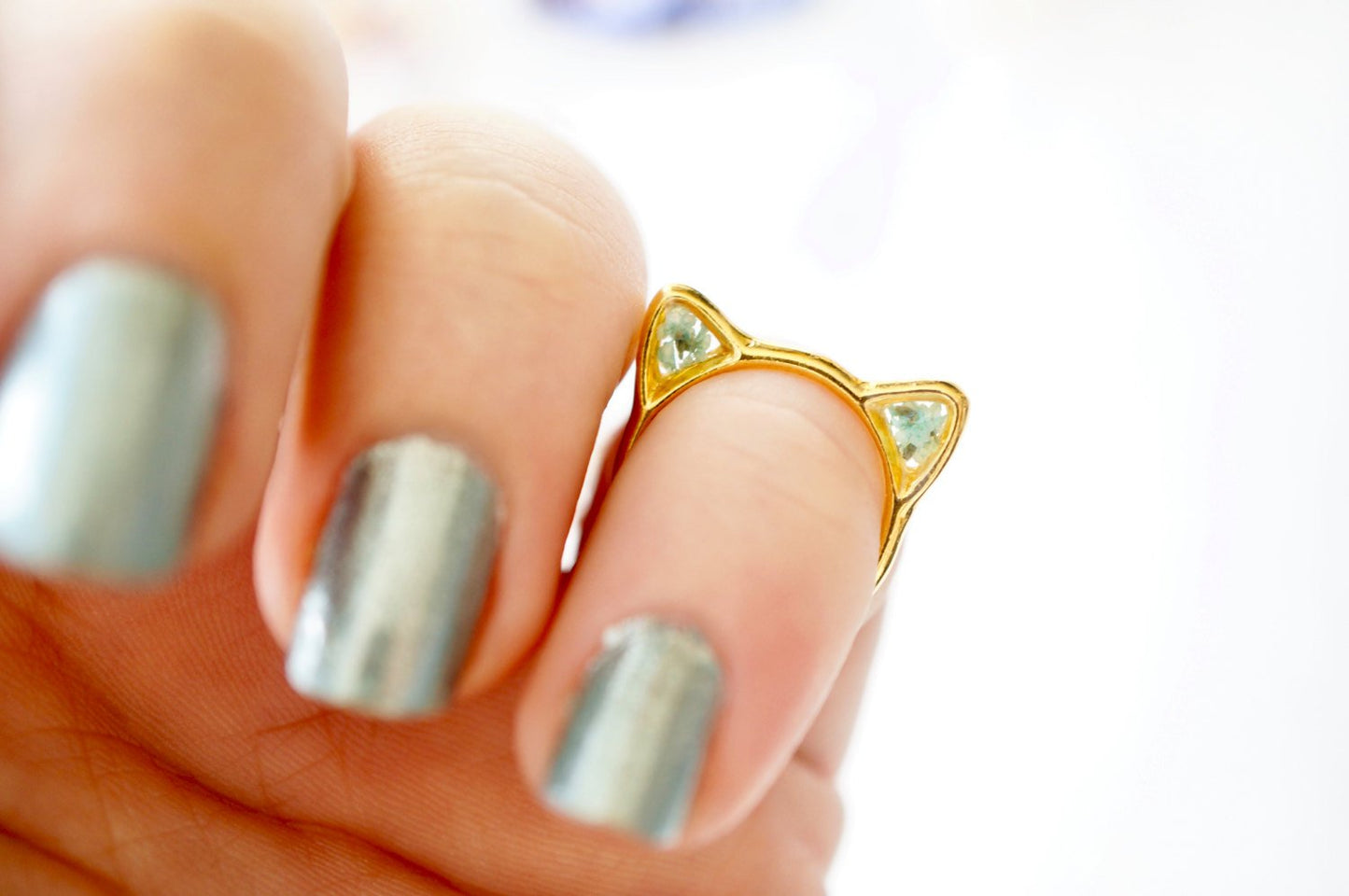 Real Pressed Flower and Resin Gold Cat Ring in Baby Blues