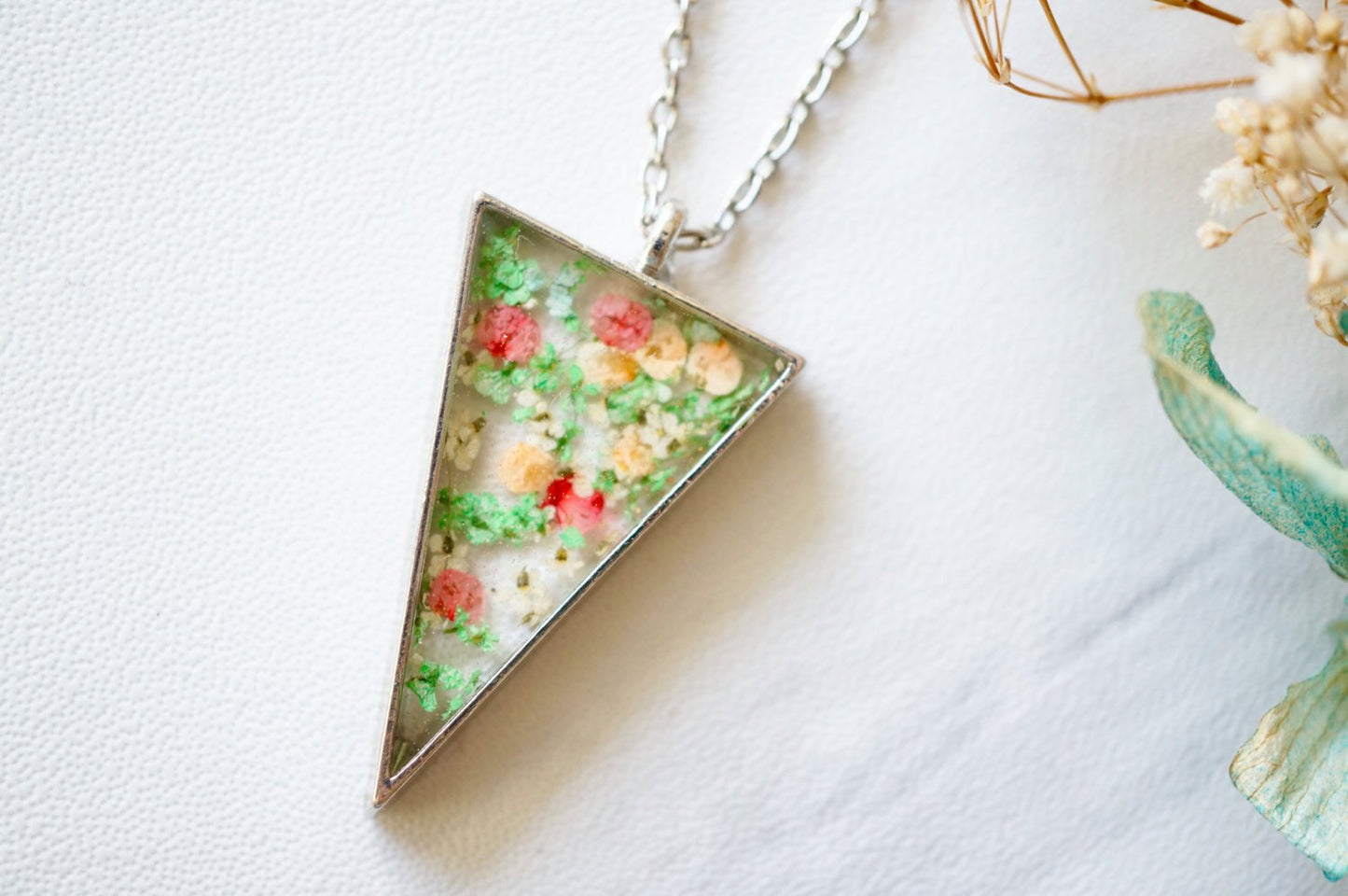 Real Pressed Flower and Resin Necklace Silver Triangle in Green Pink and Orange
