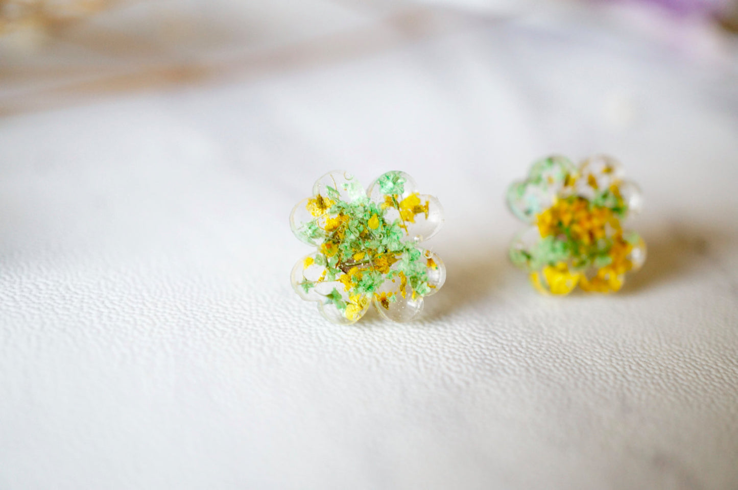 Real Dried Flowers and Resin Clover Stud Earrings in Yellow and Green