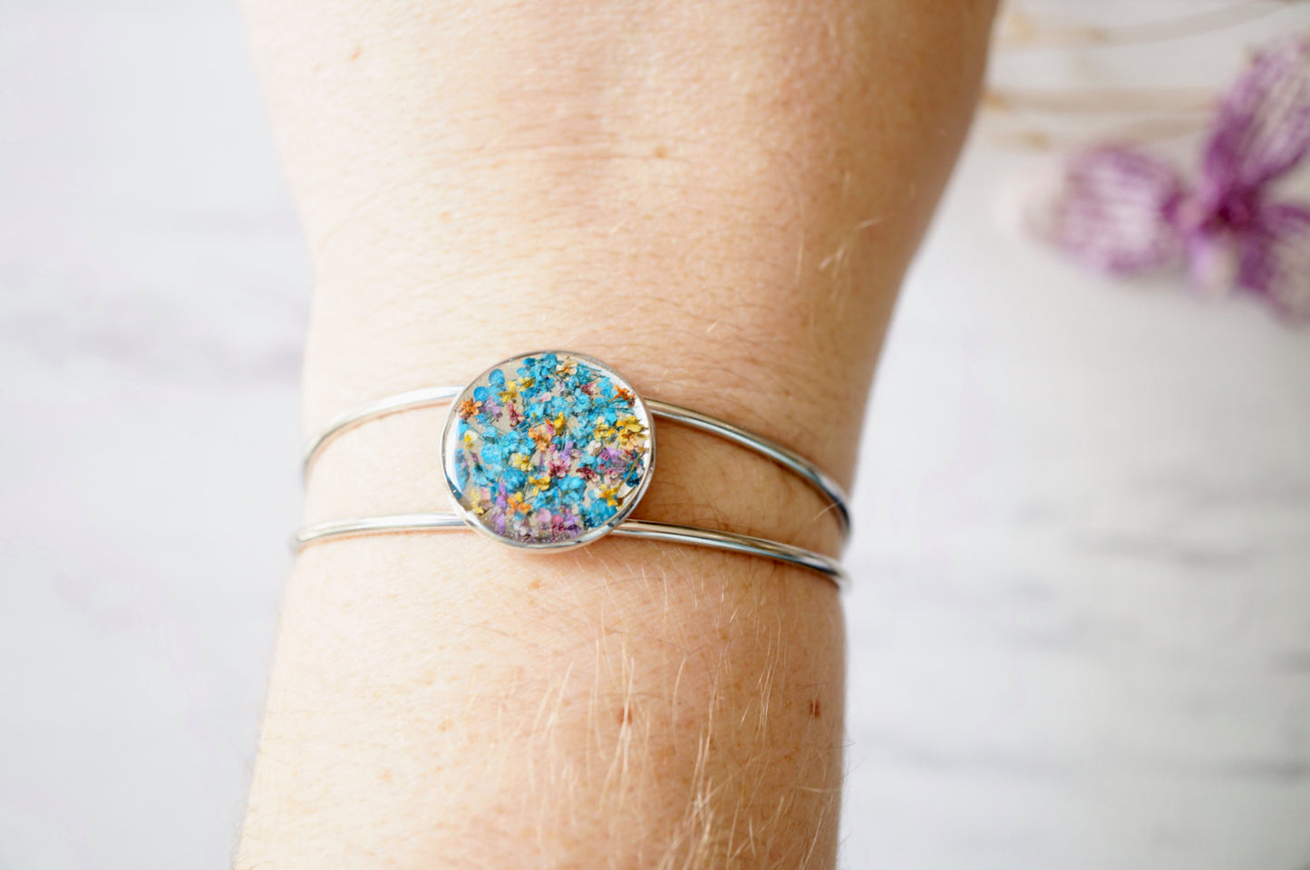 Real Dried Flowers and Resin Bracelet in Blue Party Mix