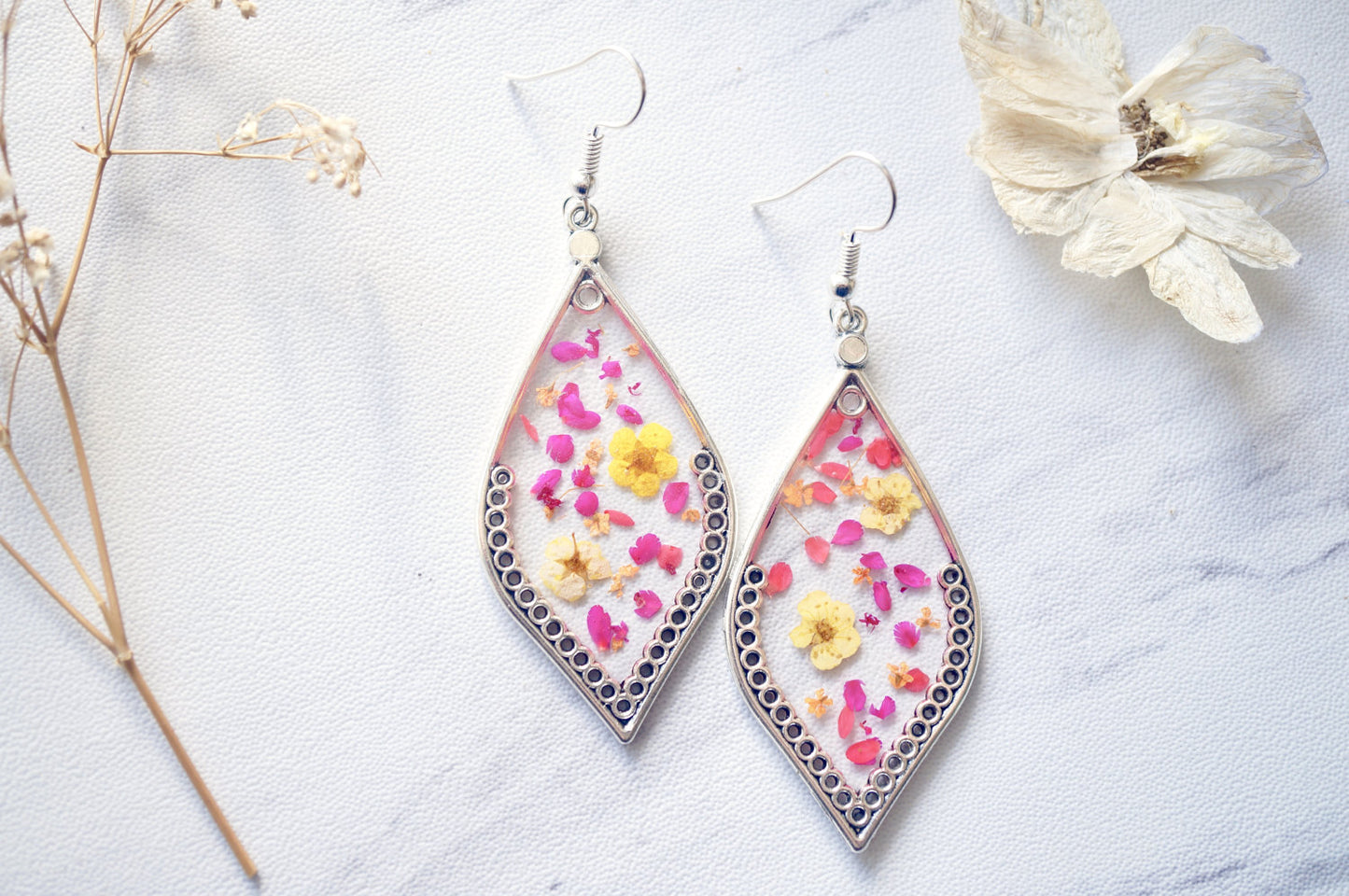 Real Dried Flowers and Resin Earrings in Green White Pink