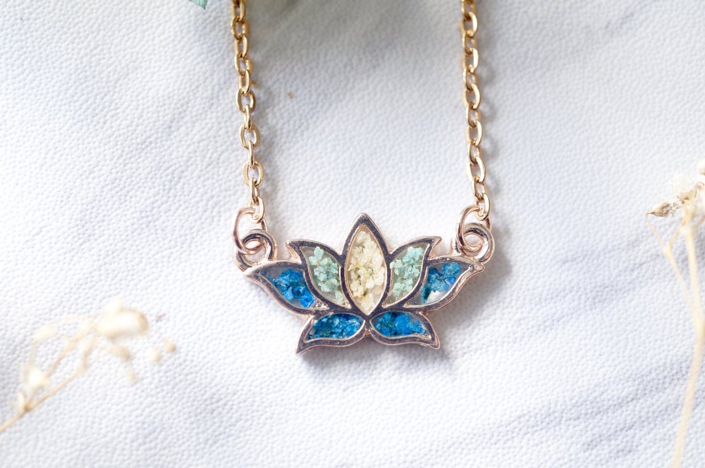 Real Pressed Flowers and Resin Necklace Rose Gold Ombre Lotus Flower