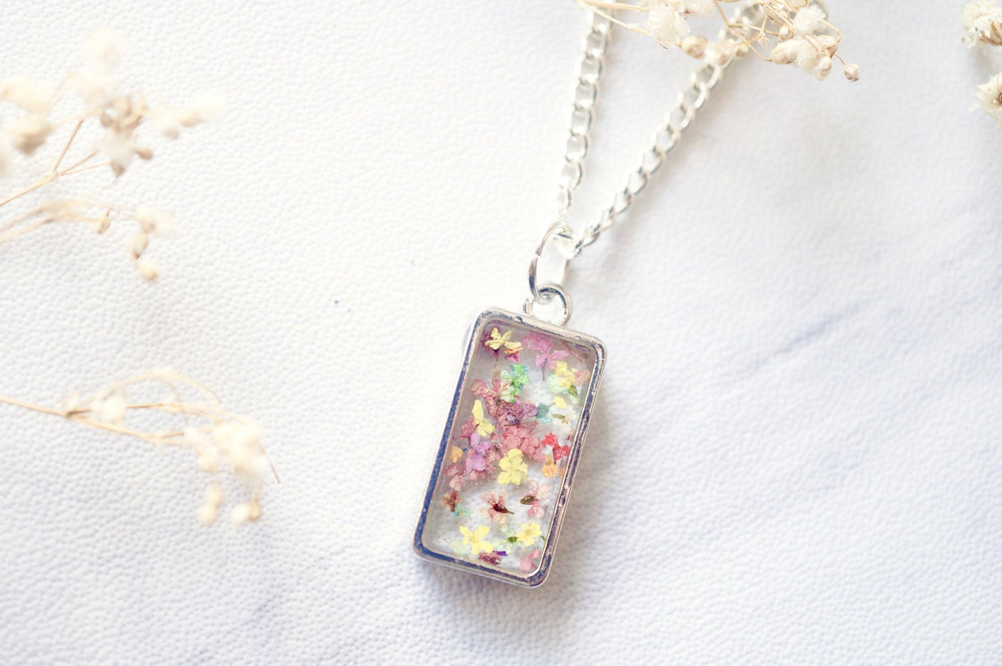 Real Pressed Flowers in Resin Necklace, Bronze Rectangle in Magenta Mint Light Pink