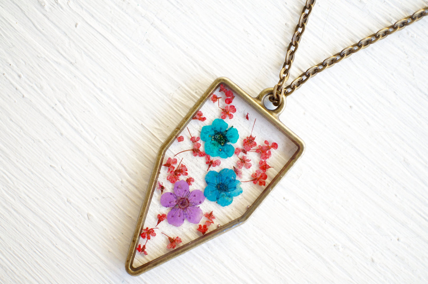 Real Pressed Flower and Resin Necklace in Red, Blues, and Purple Mix