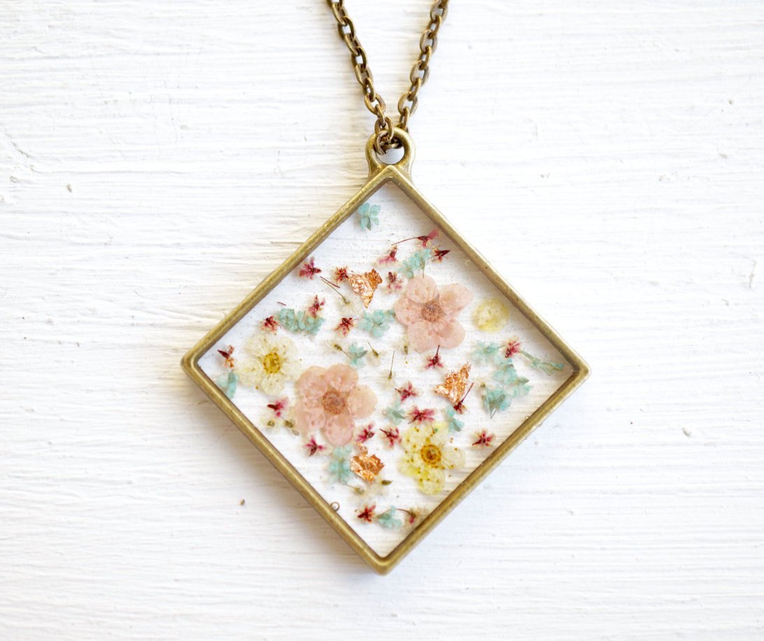 Brass Pendant Necklace, Star Anise in Resin Round