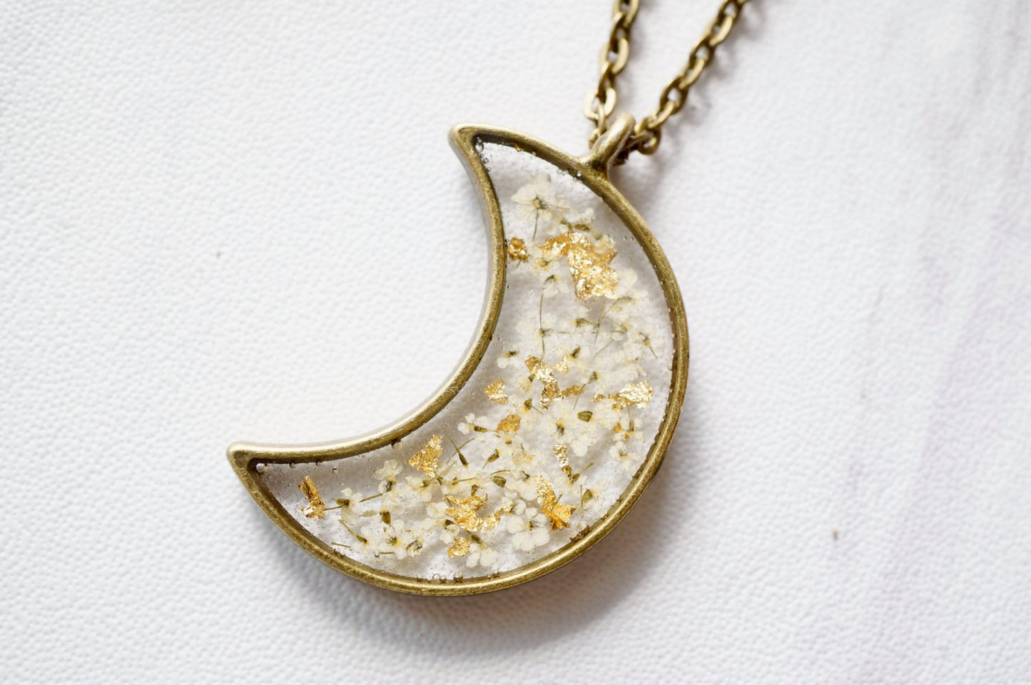 Real Pressed Flower and Resin Moon Necklace in White and Gold Foil Mix