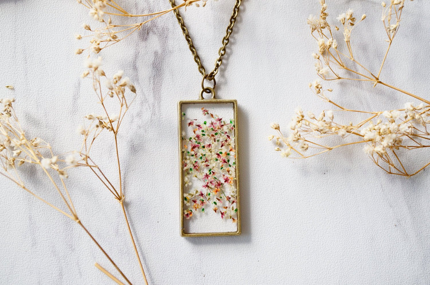 Real Pressed Flower and Resin Necklace in White Pink Orange Green Mix