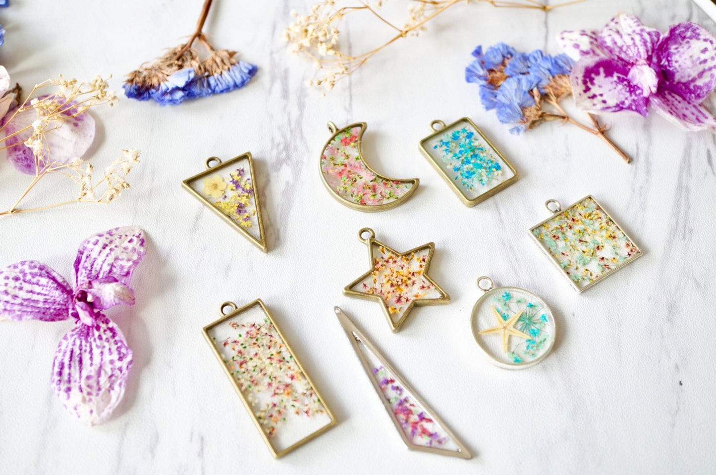 Real Pressed Flower and Resin Necklace in Mint Green, Purples, and Pinks Mix