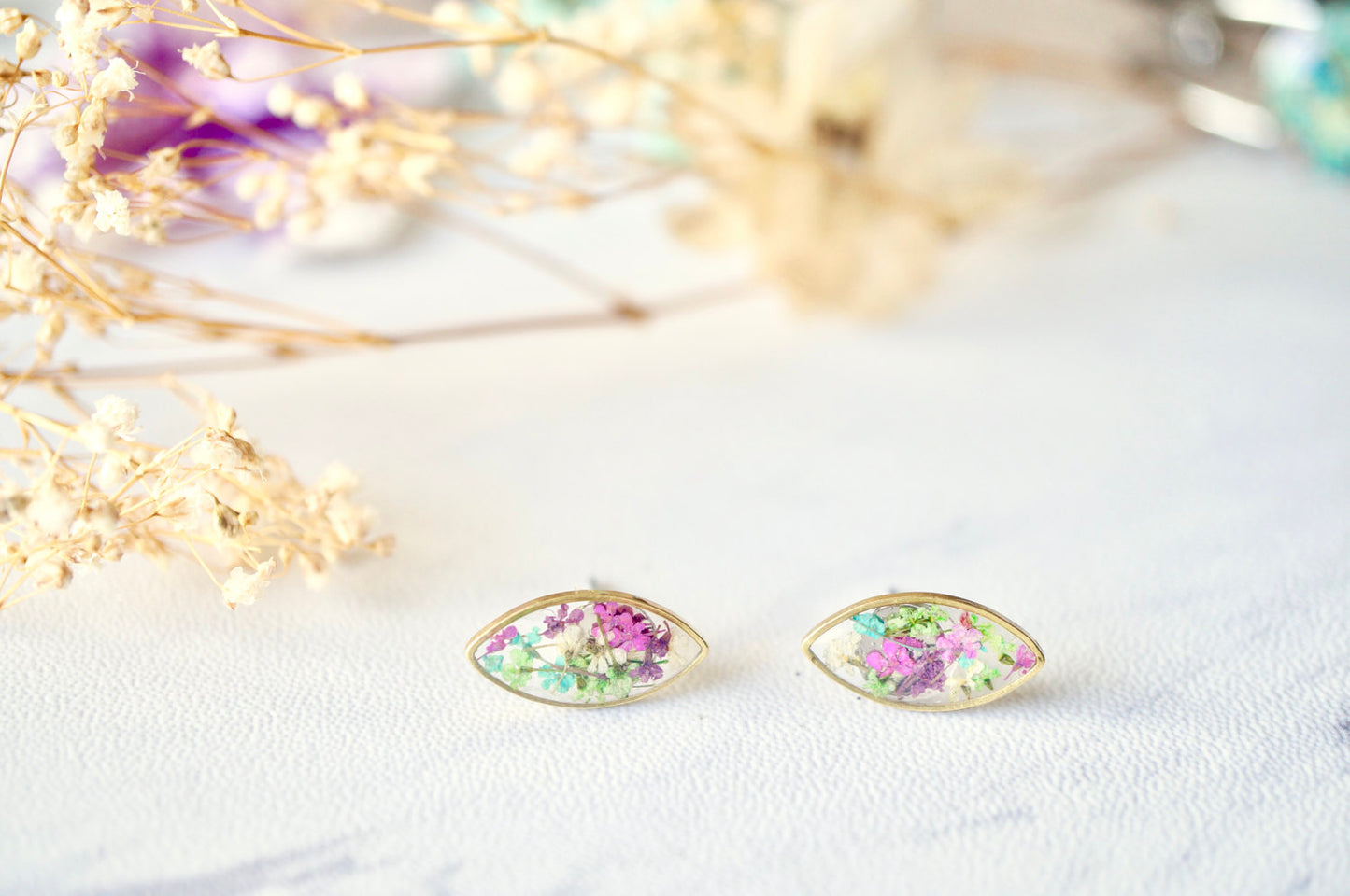 Real Dried Flowers and Resin Eye Stud Earrings in Purple Pink Green Blue White