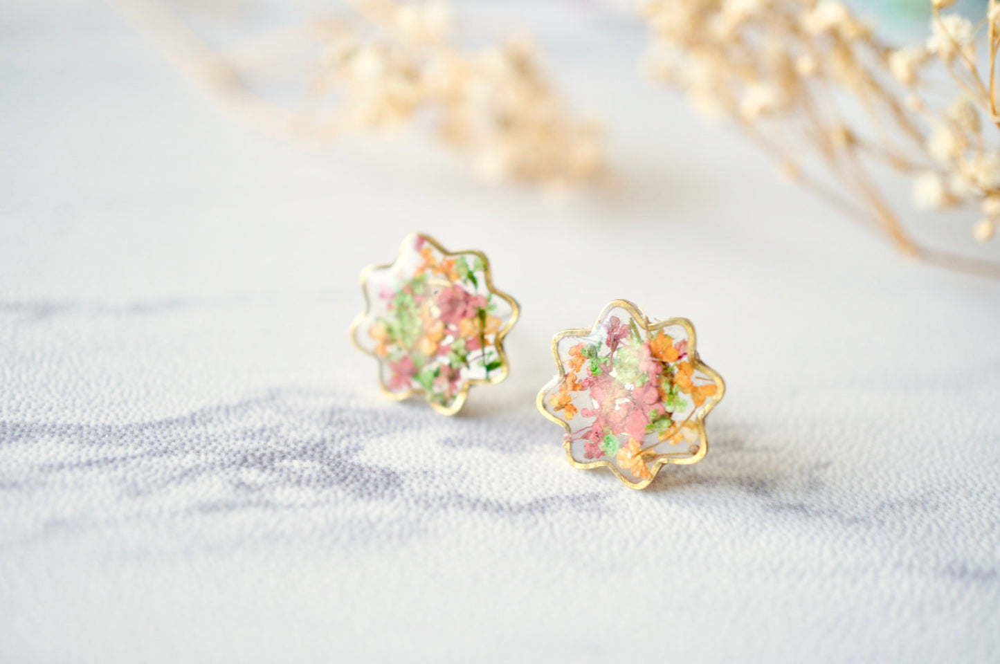 Real Dried Flowers and Resin Flower Stud Earrings in Pink Green Orange Mix