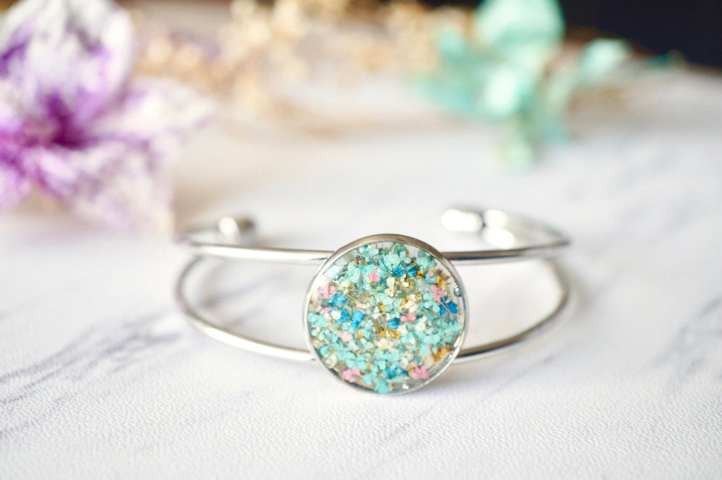 Real Pressed Flowers and Resin Bracelet in Rose Gold with Mint Blue Yellow Pink