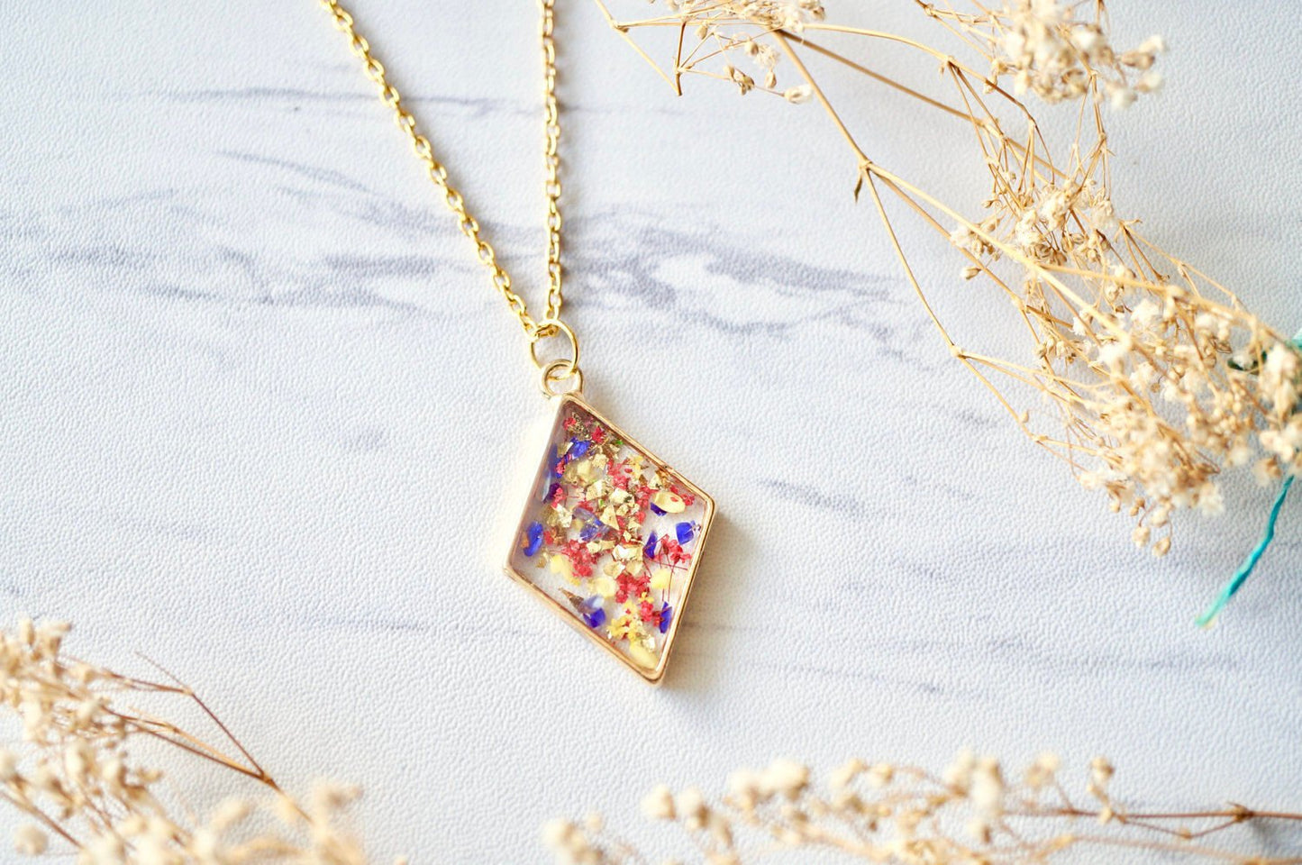 Real Pressed Flower and Resin Necklace Gold Diamond in Yellow, Red, Purple, Gold Foil