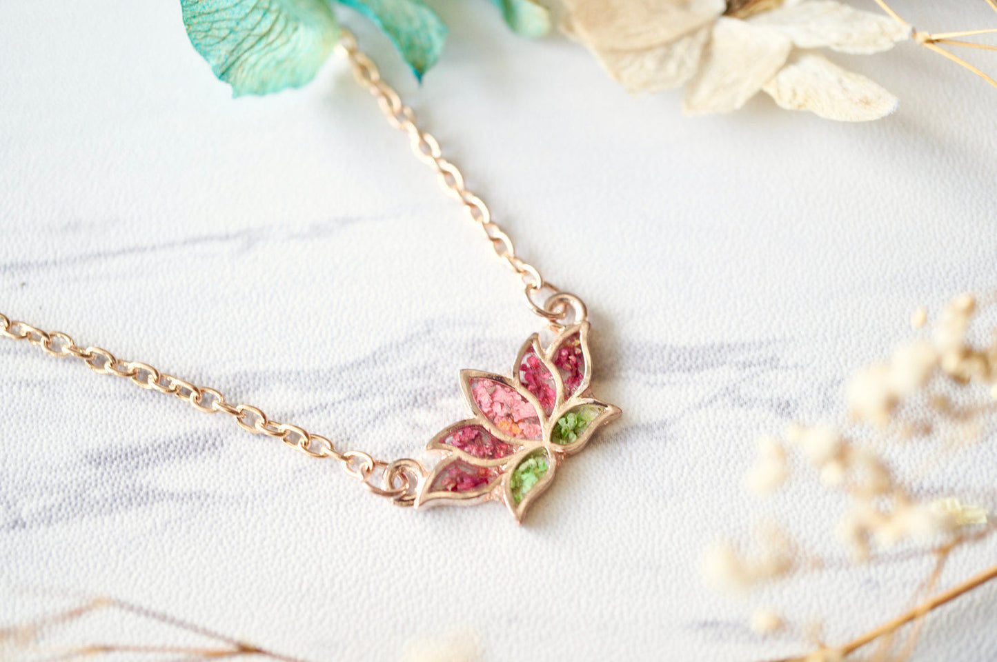 Real Pressed Flowers and Resin Necklace Rose Gold Lotus Flower in Pink and Green