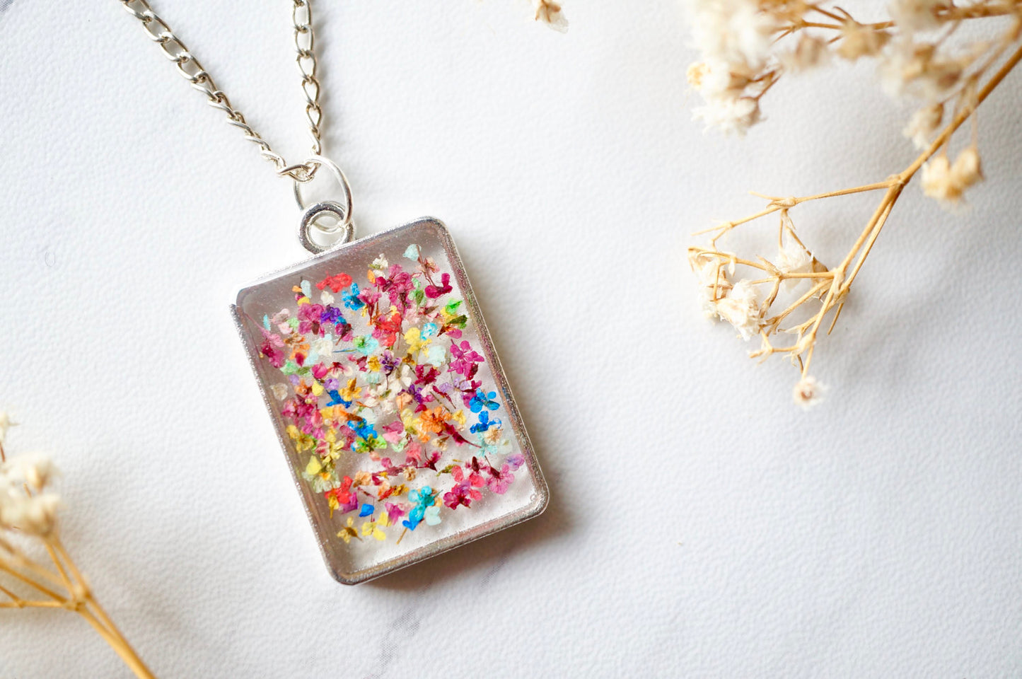 Real Dried Flowers in Resin Necklace, Silver Square in Party Mix