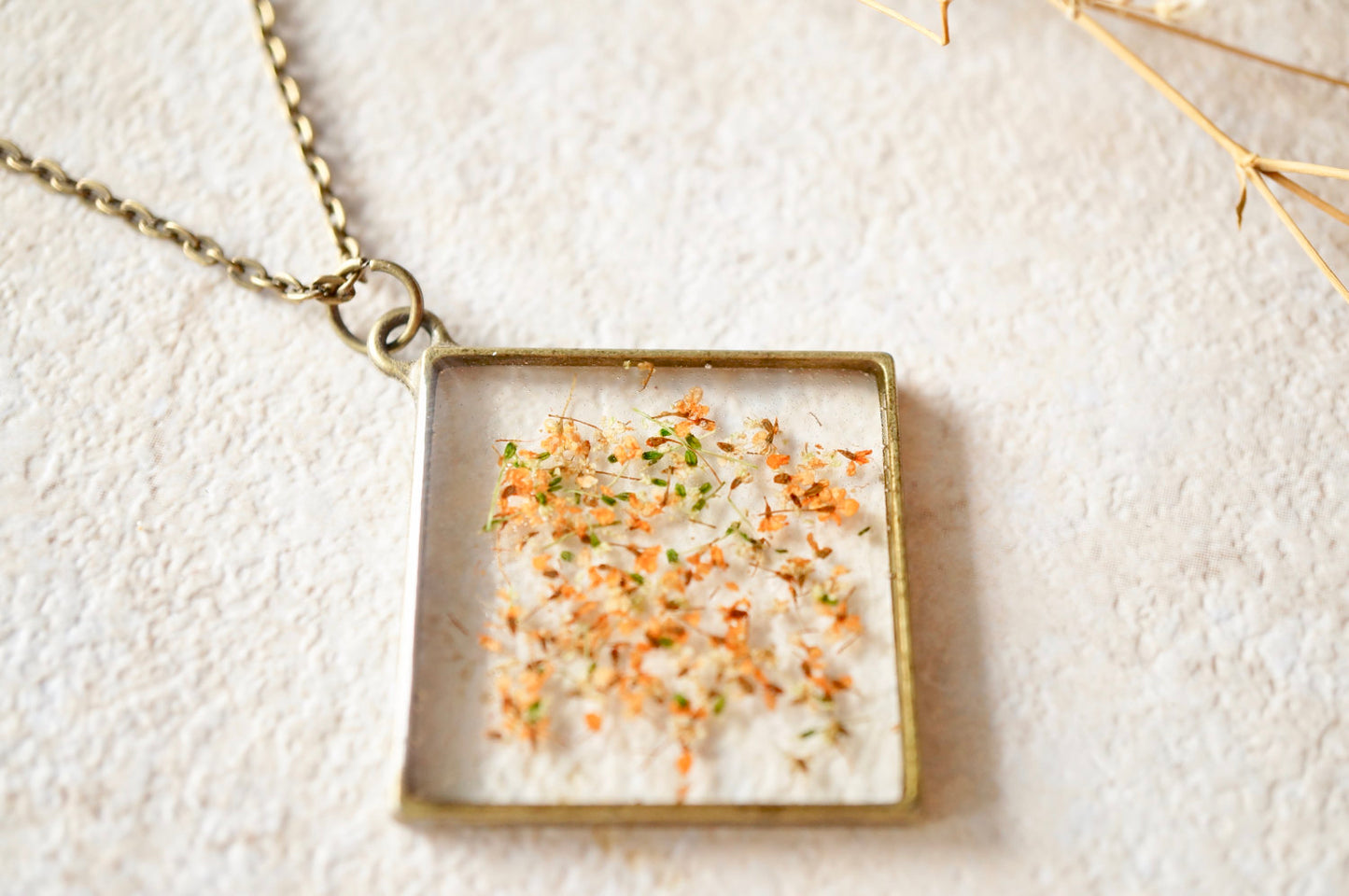 Real Dried Flowers and Resin Necklace, Diamond Orange Mix