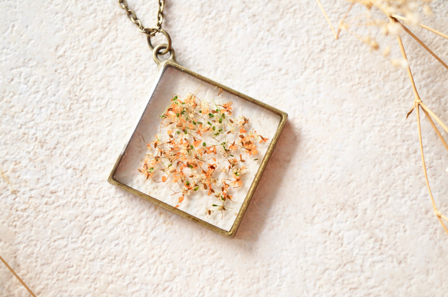 Real Dried Flowers and Resin Necklace, Diamond Orange Mix