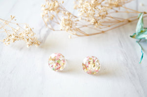 Real Dried Flowers and Resin Circle Stud Earrings in Pink Green Gold Flakes
