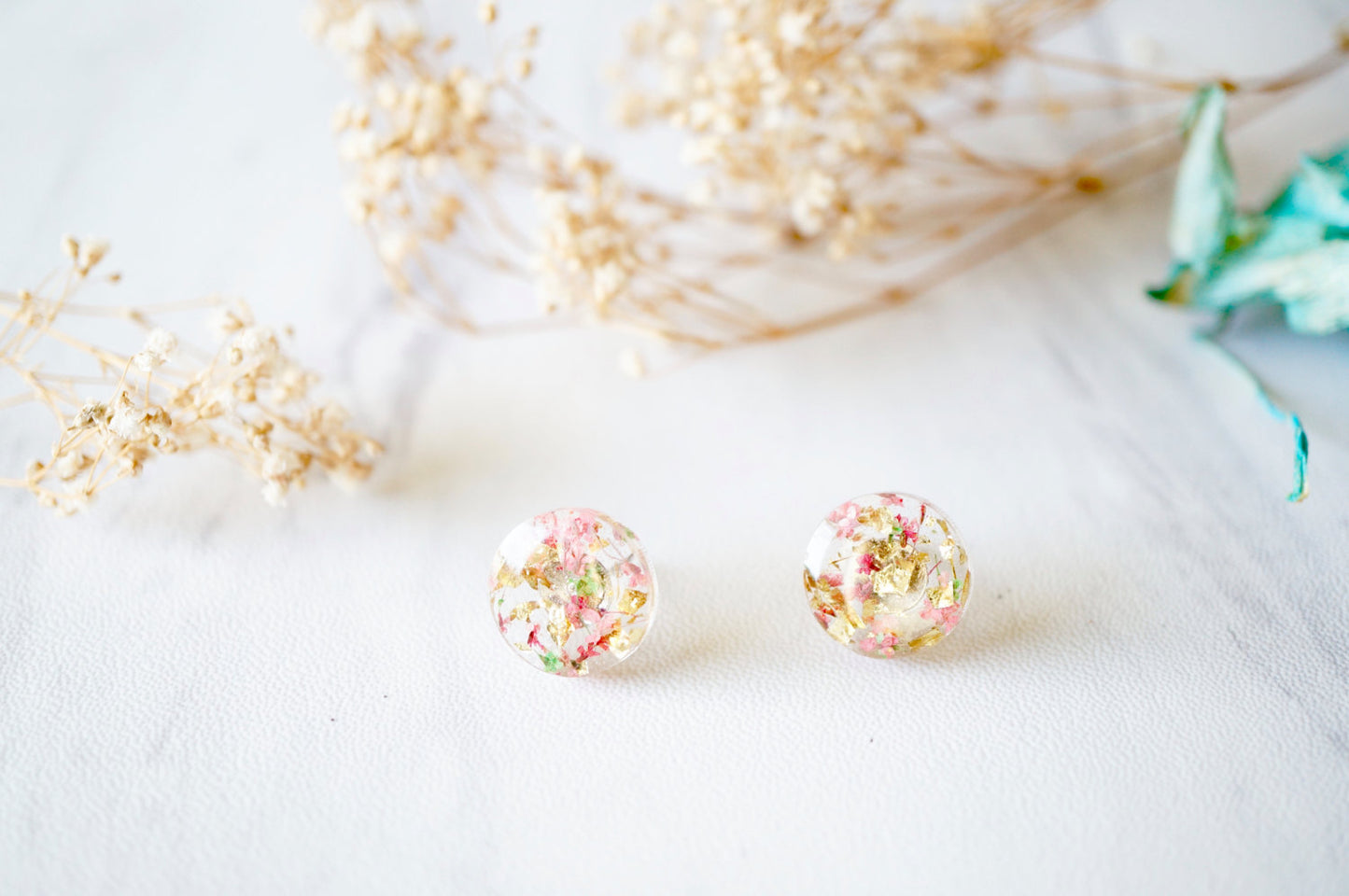 Real Dried Flowers and Resin Circle Stud Earrings in Purple, Yellow and Gold Flakes