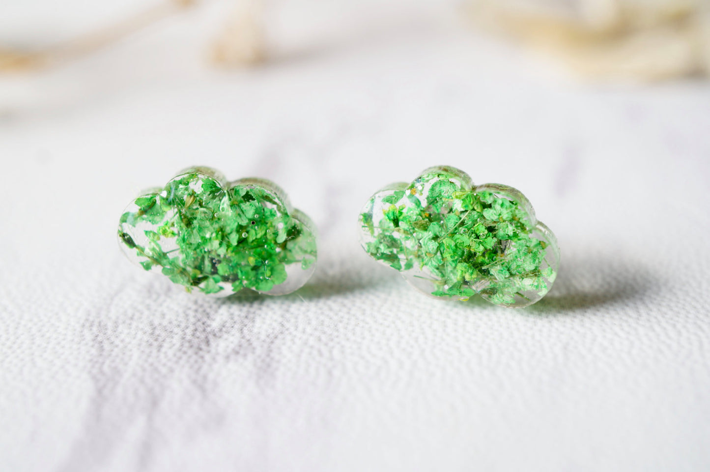 Real Pressed Flowers and Resin Cloud Stud Earrings in Green