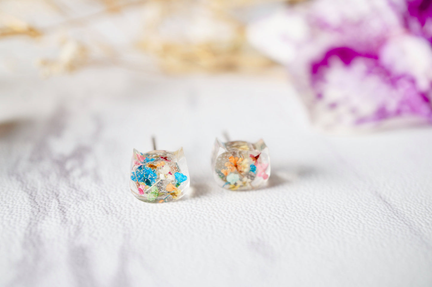 Real Dried Flowers and Resin Cat Stud Earrings in Party Mix