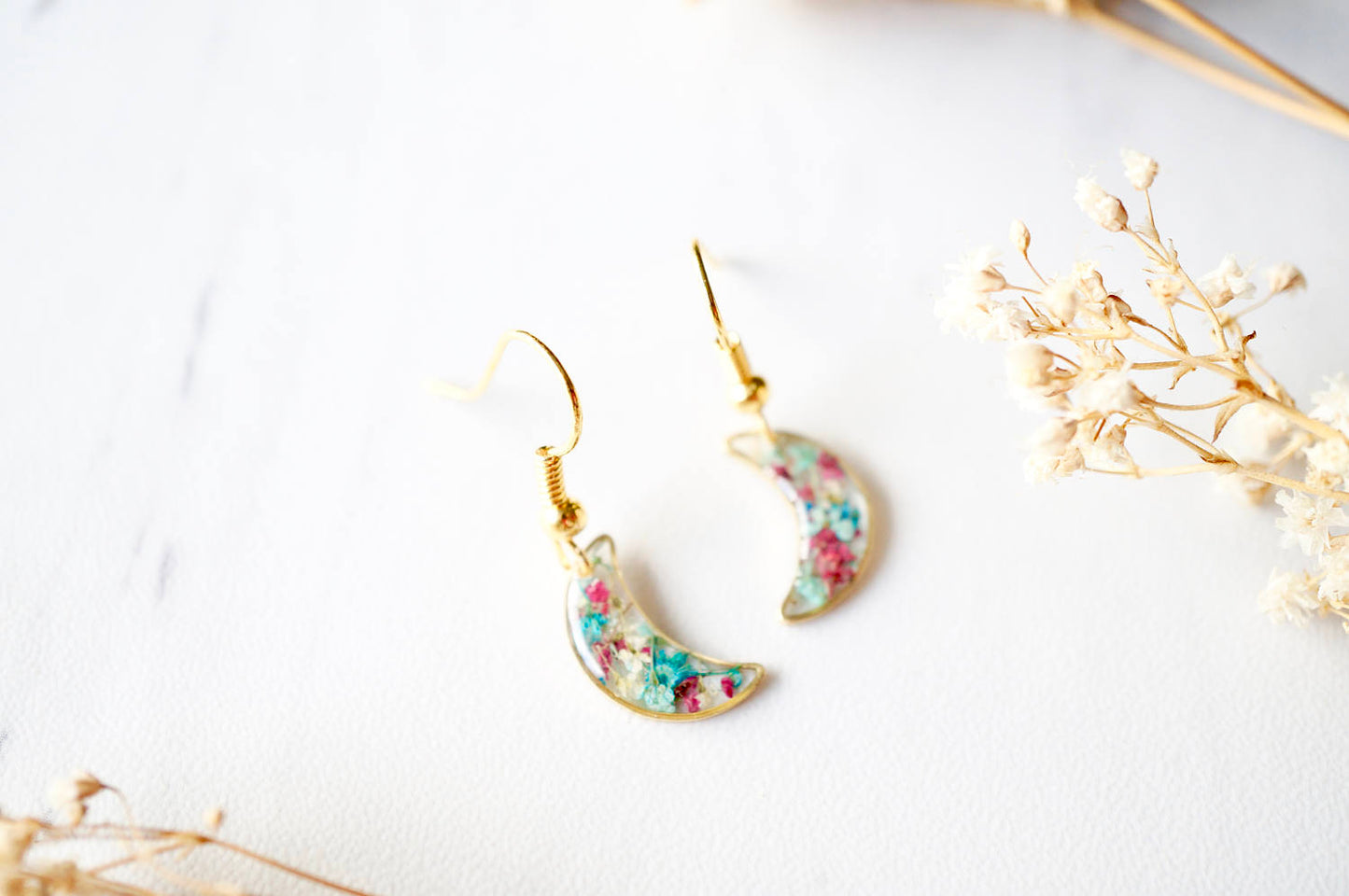 Real Dried Flowers and Resin Earrings, Gold Moons in Maroon Mint Teal White