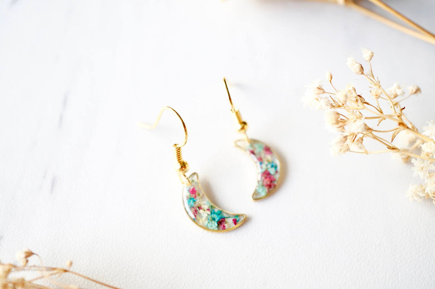 Real Pressed Flowers and Resin Earrings, Gold Celestial Moons in Maroon Mint Teal White