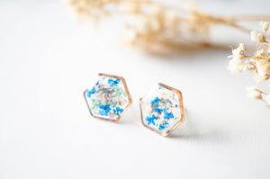 Real Dried Flowers and Resin Stud Earrings, Rose Gold Hexagon in Blue Mint Pink