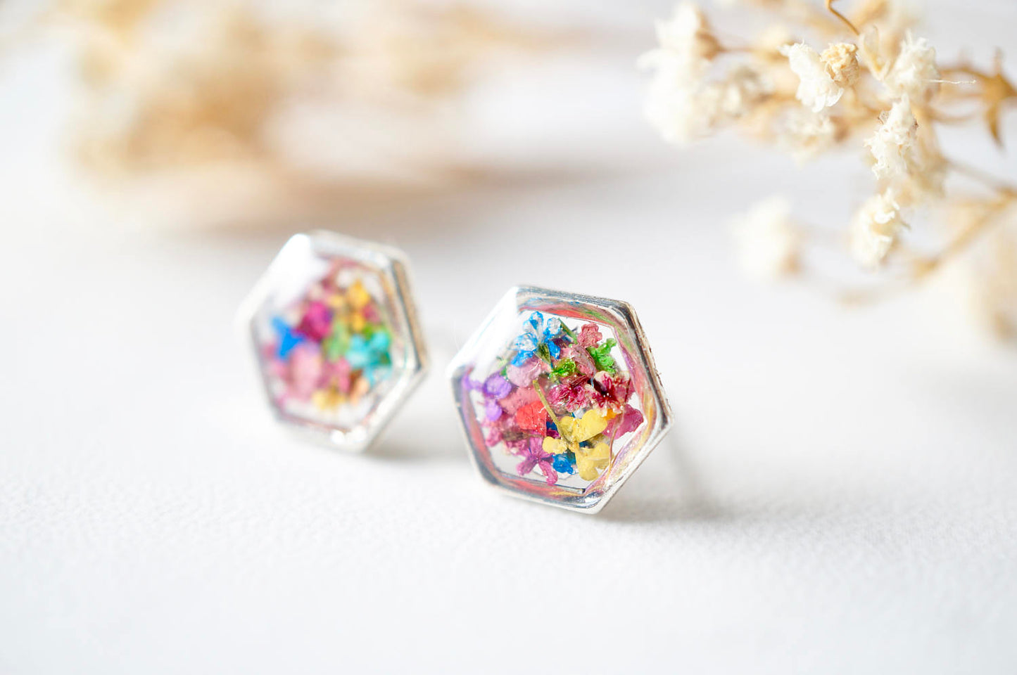 Real Dried Flowers and Resin Stud Earrings, Silver Hexagon in Party Mix