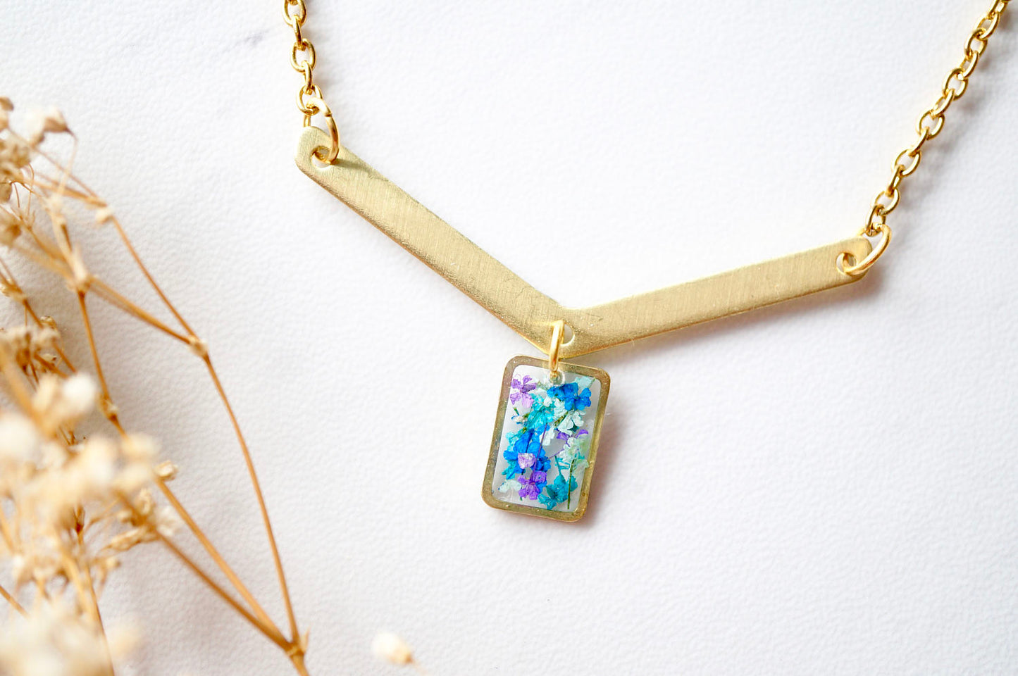 Real Pressed Flowers in Resin Necklace, Gold Arrow and Rectangle in Purple Blue Mint Teal