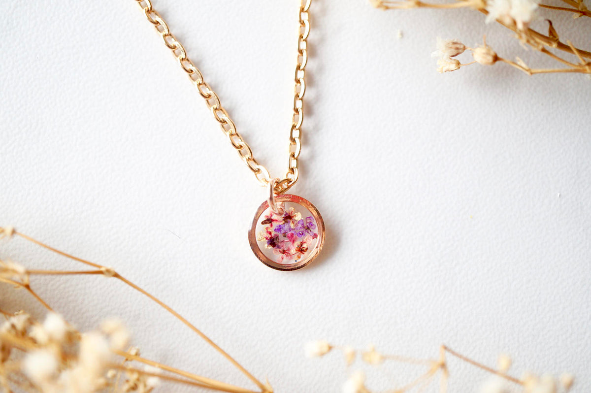 Real Dried Flowers in Resin Necklace, Small Rose Gold Circle in Pinks and Purple 14
