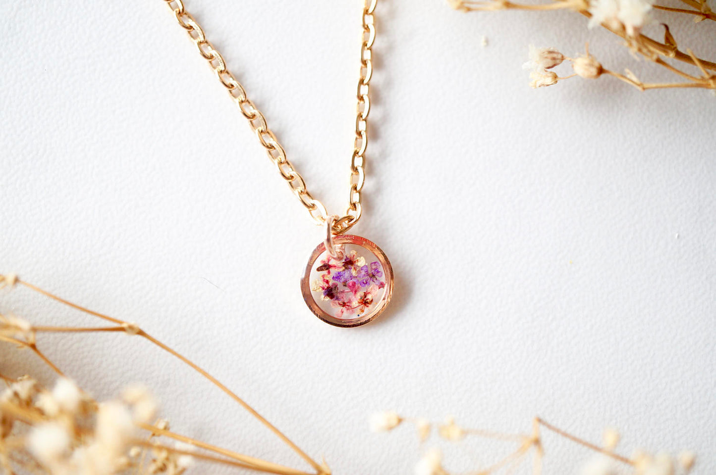 Real Dried Flowers in Resin Necklace, Small Bronze Circle in Pinks and Purple