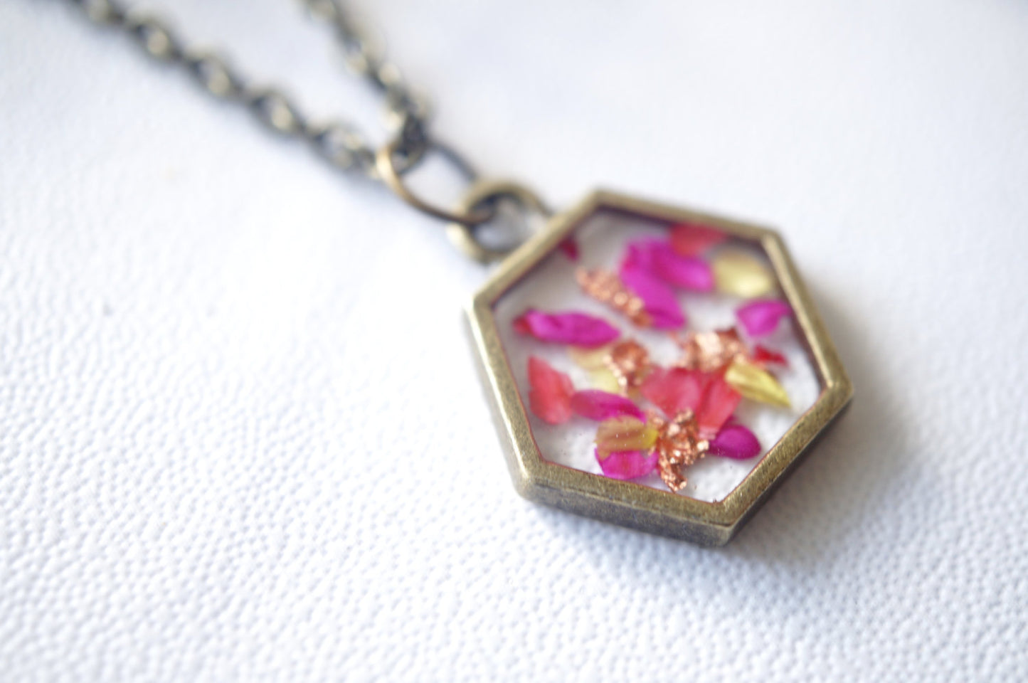 Real Dried Flowers in Resin Necklace in Neon Pink Yellow Gold Flakes