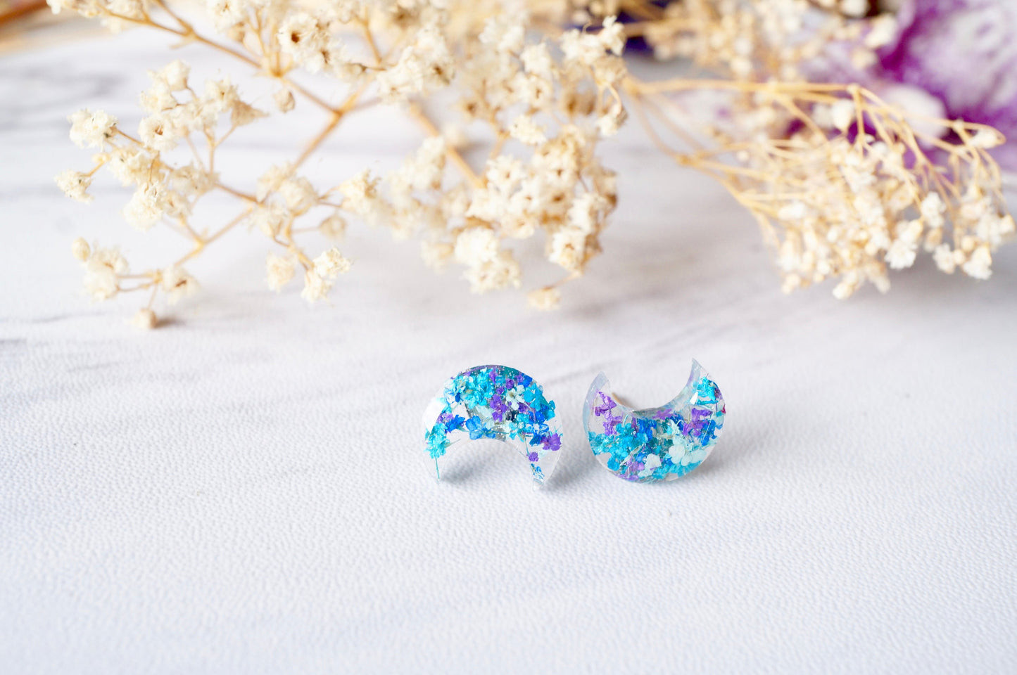 Real Pressed Flowers and Resin Moon Stud Earrings in Purple Blue Teal Mint