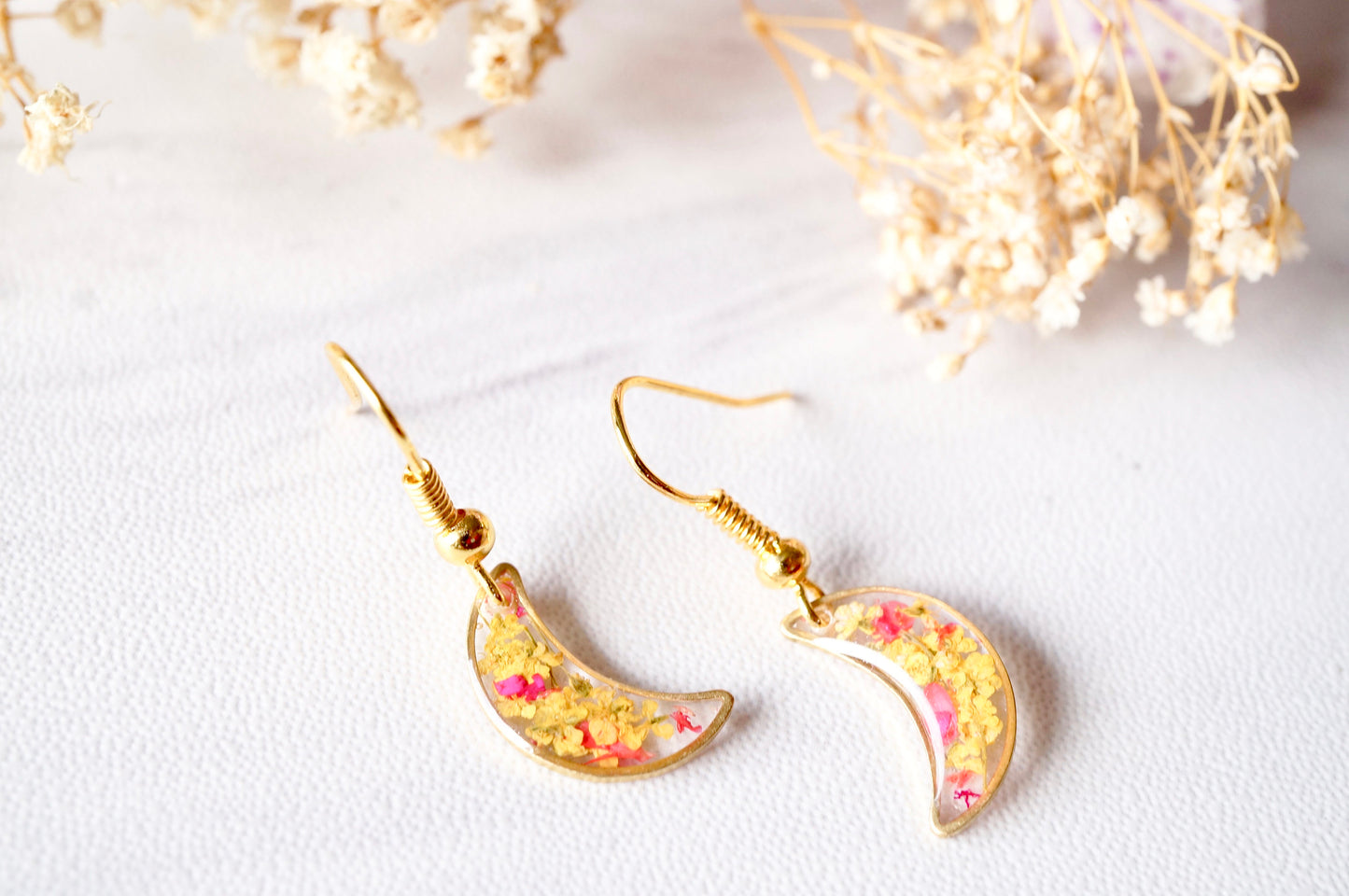 Real Pressed Flowers and Resin Earrings, Gold Moons in Yellow and Red