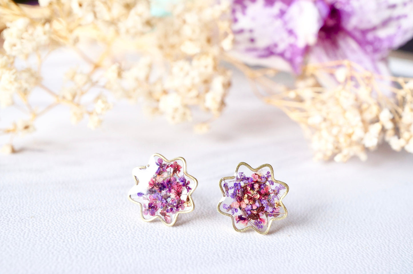 Real Pressed Flowers and Resin Flower Stud Earrings in Purples