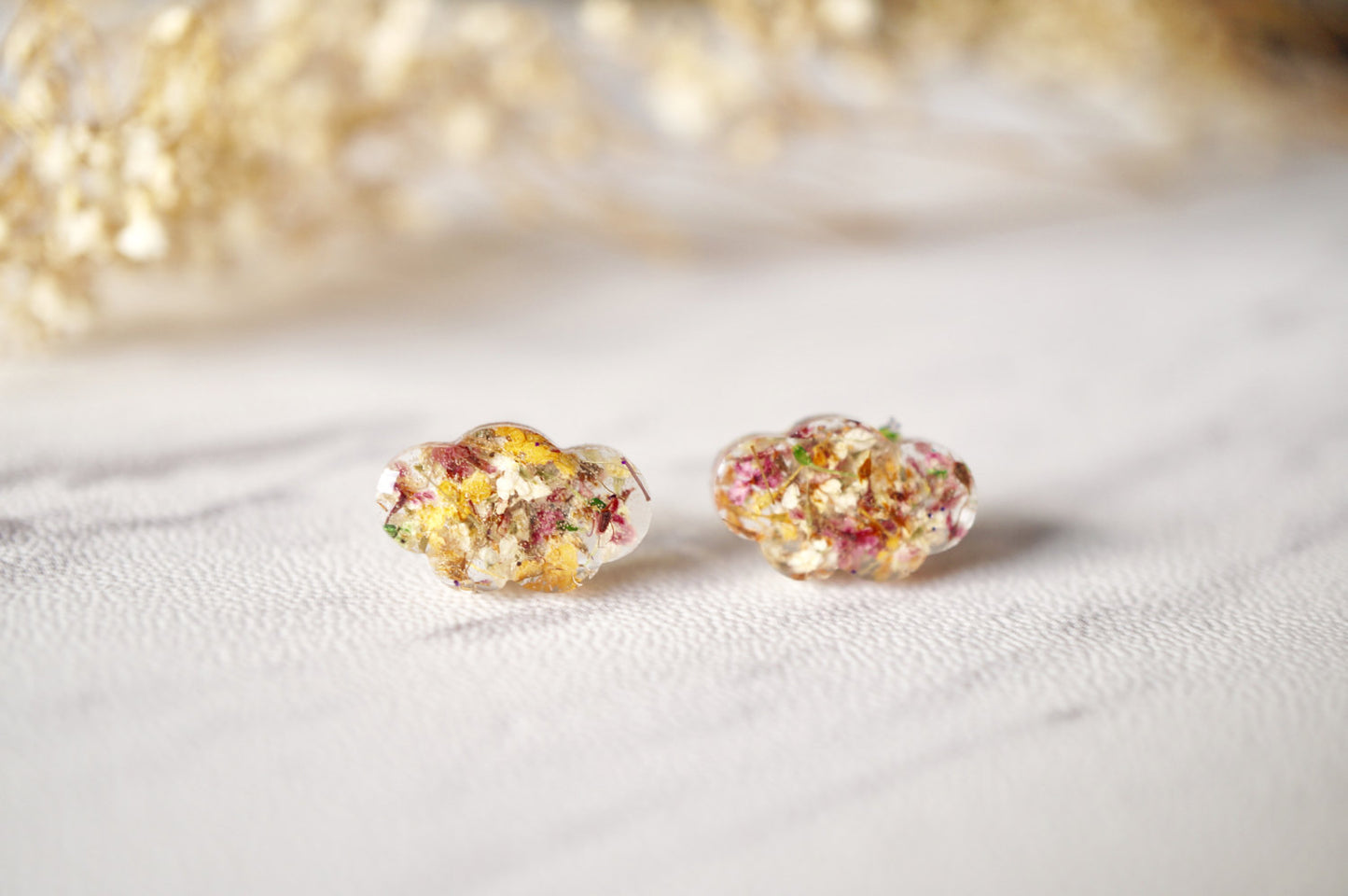 Real Dried Flowers and Resin Cloud Stud Earrings in Orange Rose White Green