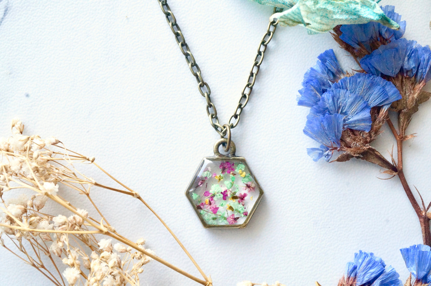 Real Dried Flowers in Resin Necklace, Hexagon in Magenta, Green, and Yellow