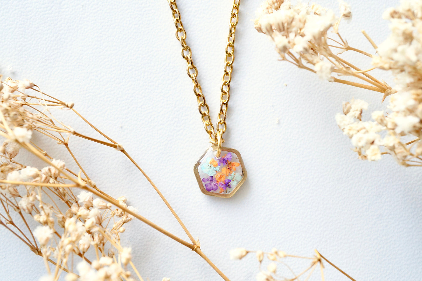 Real Dried Flowers in Resin Necklace, Small Gold Hexagon in Purples Oranges and Mint