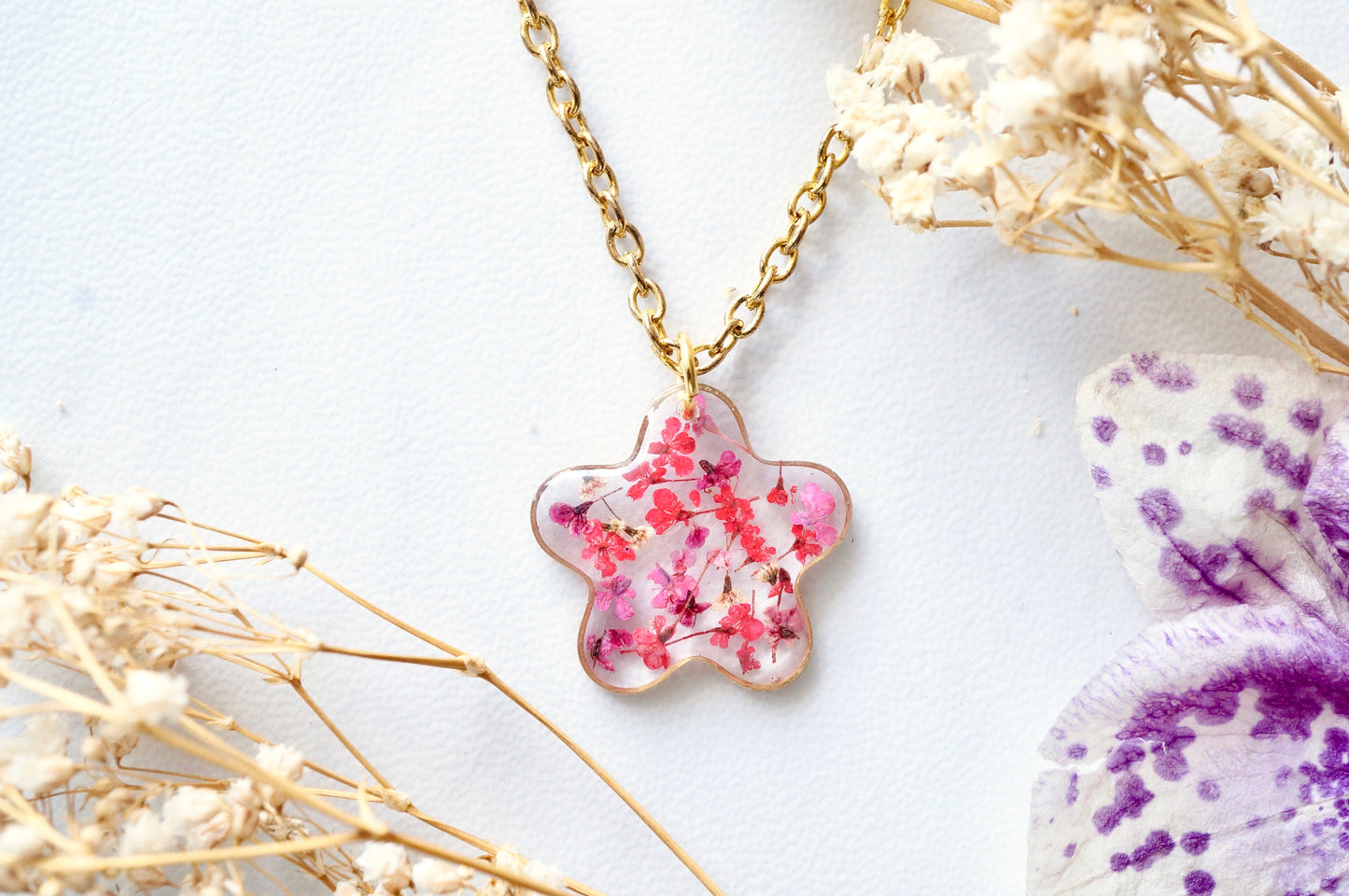 Real Dried Flowers in Resin Necklace, Small Gold Frame in Pinks and Reds