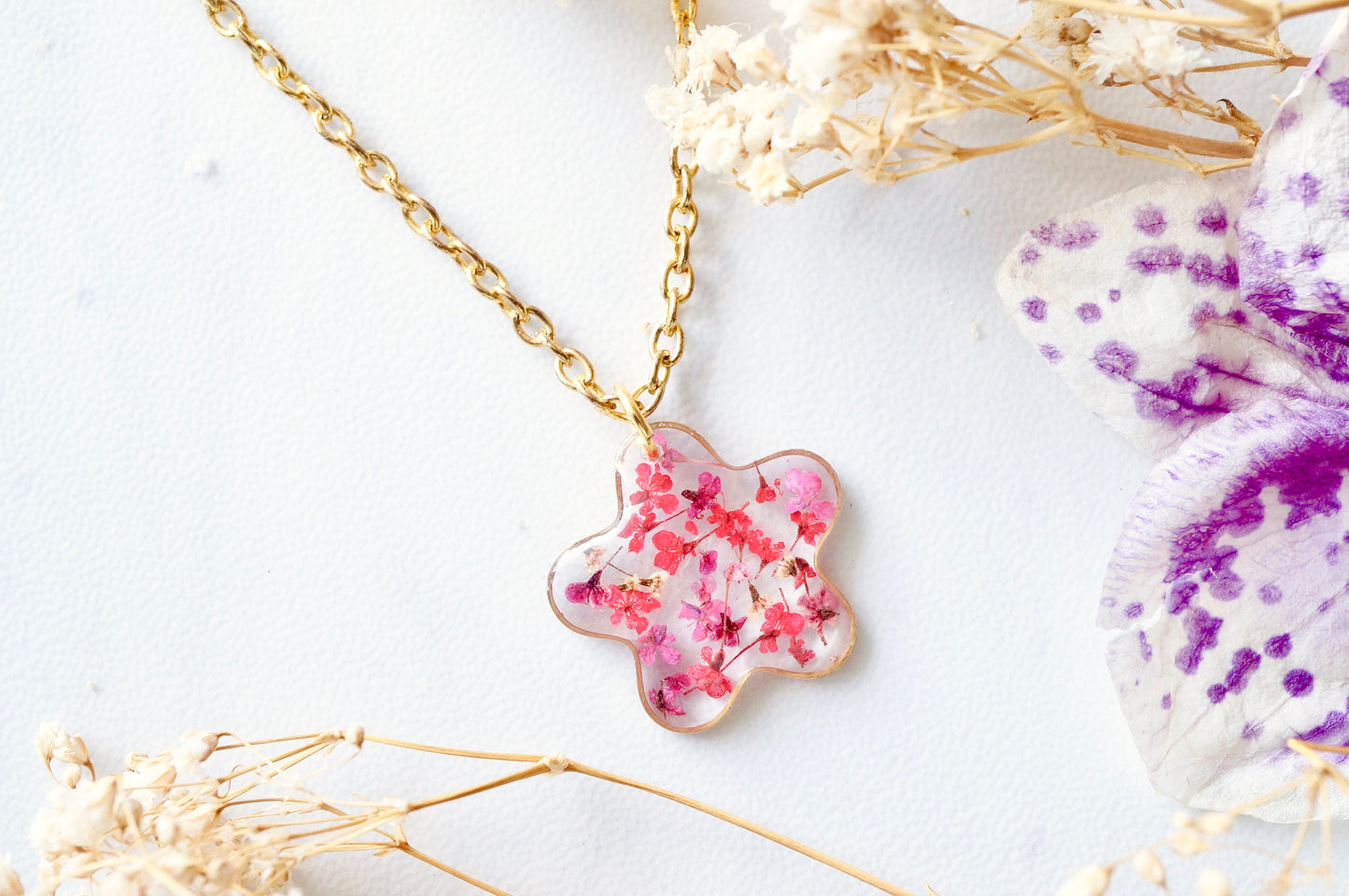 Real Dried Flowers in Resin Necklace, Small Gold Frame in Pinks and Reds