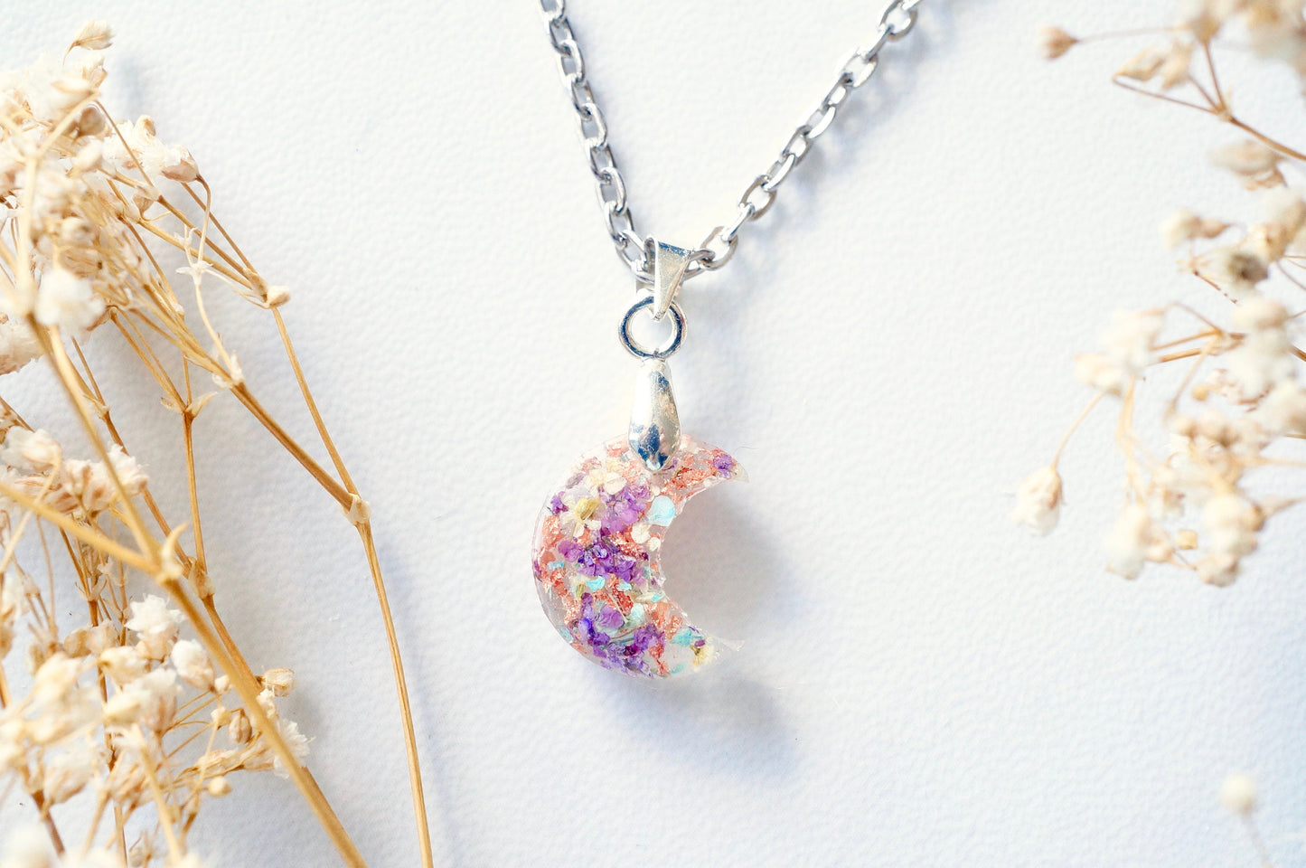 Real Pressed Flowers in Celestial Moon Resin Necklace - Purple Yellow Mint White with Rose Gold Flakes