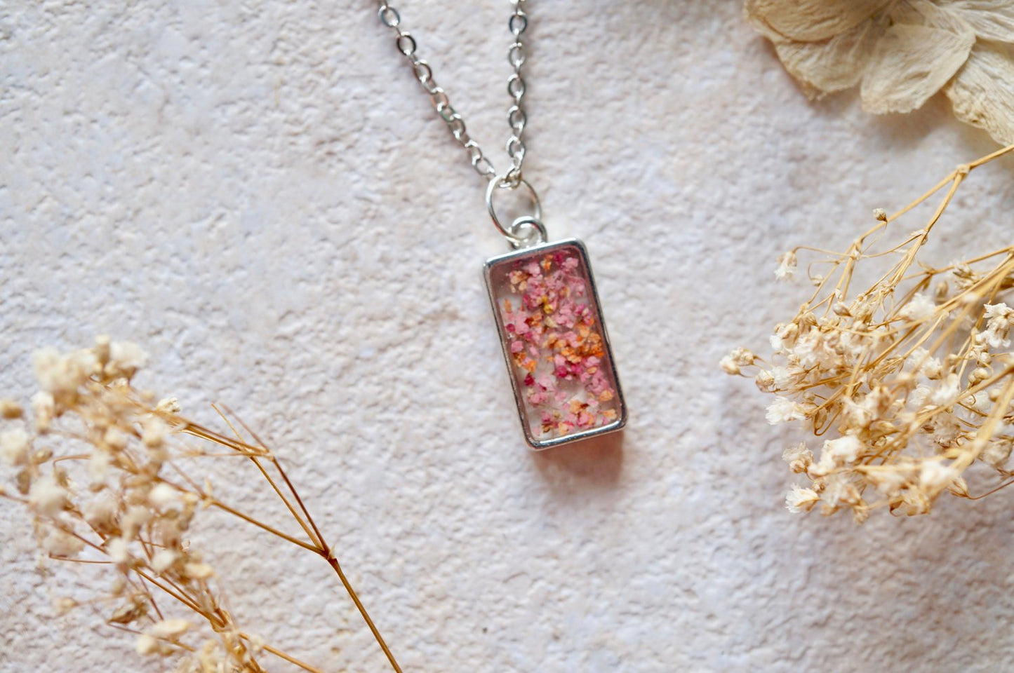 Real Dried Flowers in Resin Necklace in Pinks and Oranges
