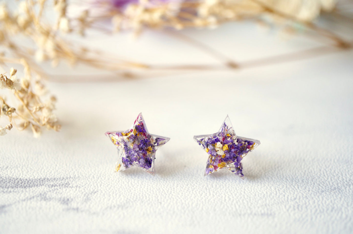 Real Dried Flowers and Resin Star Stud Earrings in Purple Pink Yellow