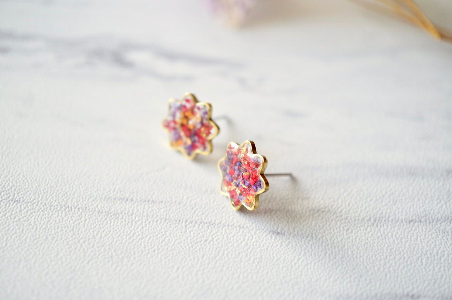 Real Dried Flowers and Resin Flower Stud Earrings in Red Purple Orange Mix