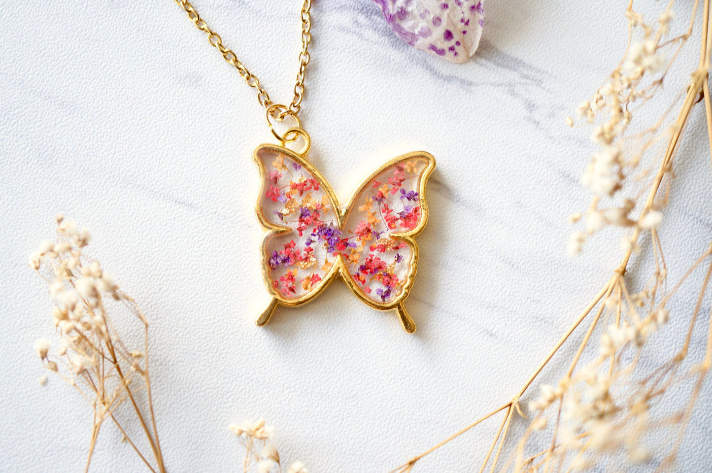 Real Dried Flowers and Resin Necklace, Silver Butterfly in Orange Yellow and Pinks