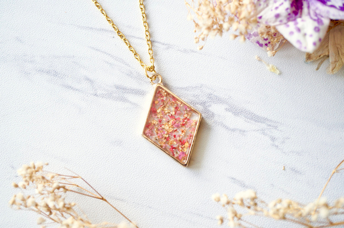 Real Dried Flowers and Resin Necklace Gold Diamond in Pinks, Orange, Gold Foil